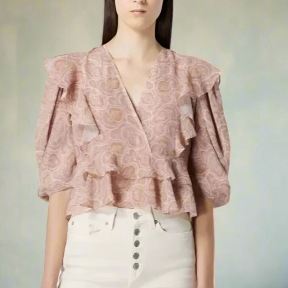 The Kooples Silk Crop Top Womens Pink Paisley V-Neck Ruffle Blouse